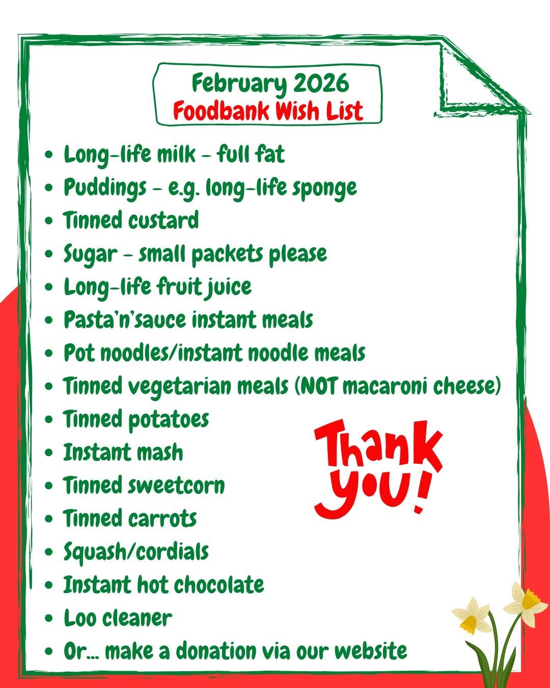 List of items urgently needed for the Food Bank this month